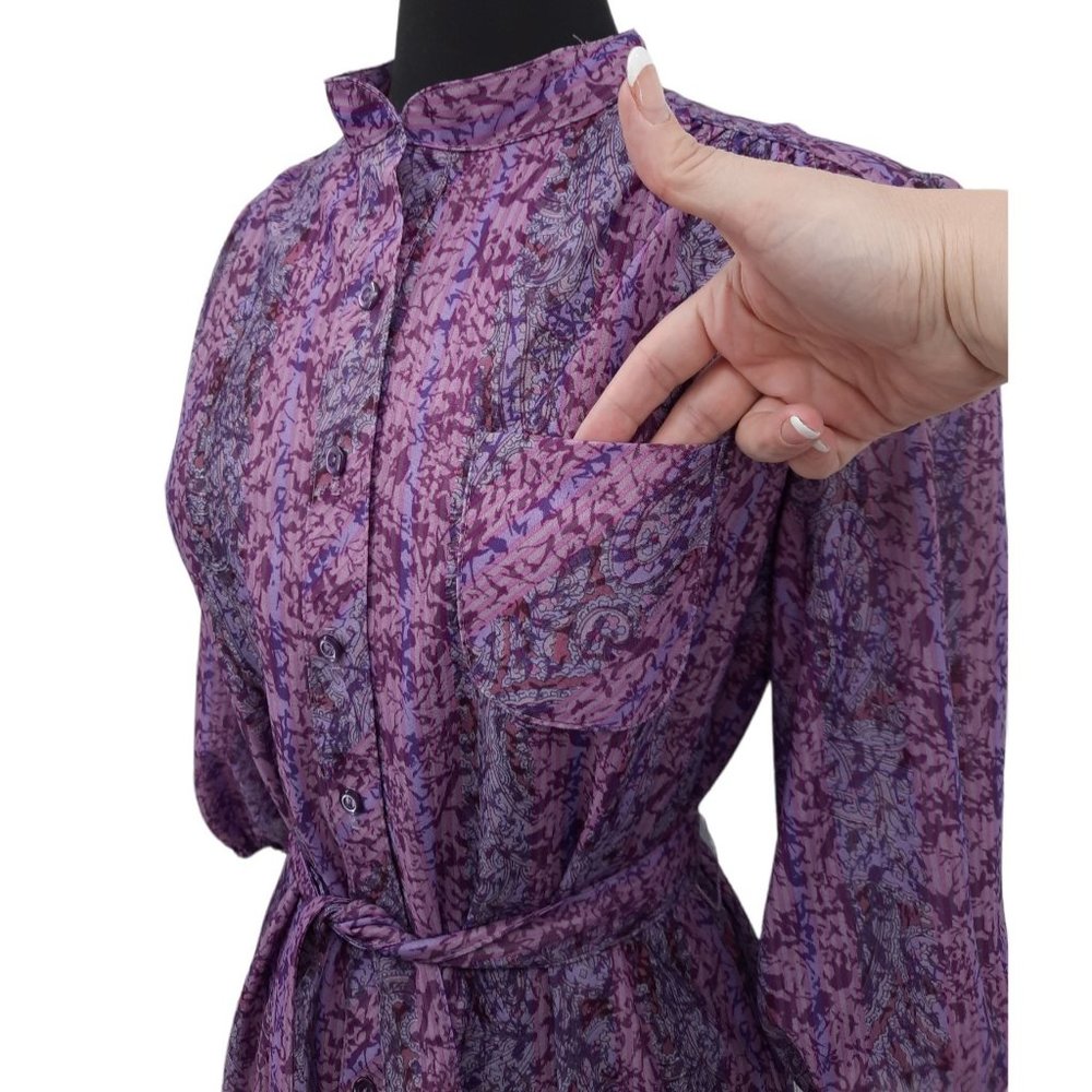 VTG 70s California Looks Purple Paisley Stripe Floral Print Day Dress Tie Waist - Picture 2 of 11